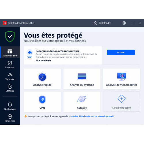 Interface Bitdefender Antivirus Plus 2024 - Mon Logiciel.fr
