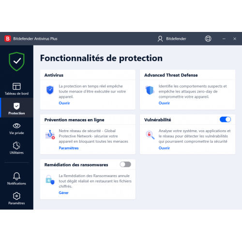 Interface fonctionnalités Bitdefender Antivirus Plus 2024