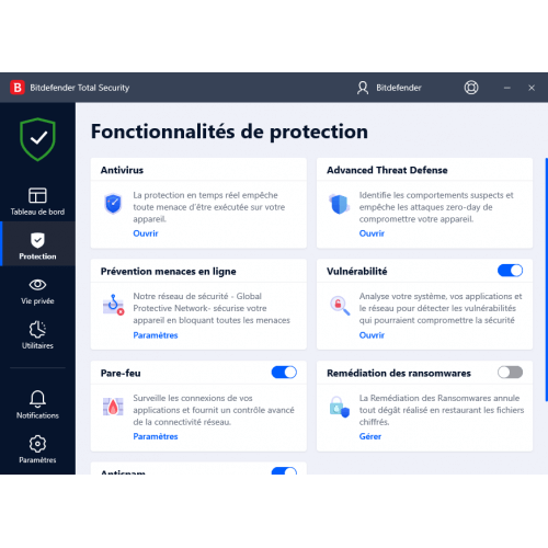 Interface fonctionnalités Bitdefender Family Pack 2024