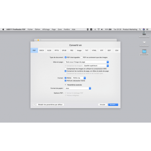 Interface ABBYY FineReader PDF for Mac - Convertir un document