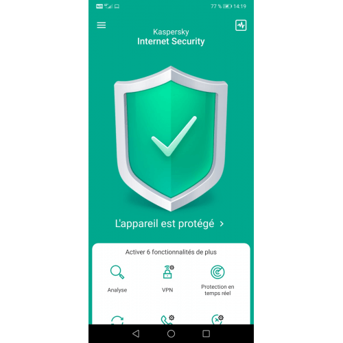 Interface d'accueil smartphone Kaspersky Internet Security pour Android 2024