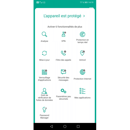 Interface de configuration Kaspersky Internet Security pour Android 2024