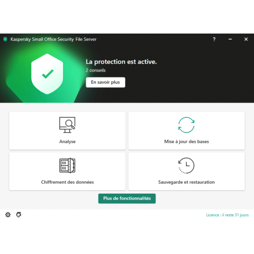 Interface d'accueil Kaspersky Small Office Security 2024