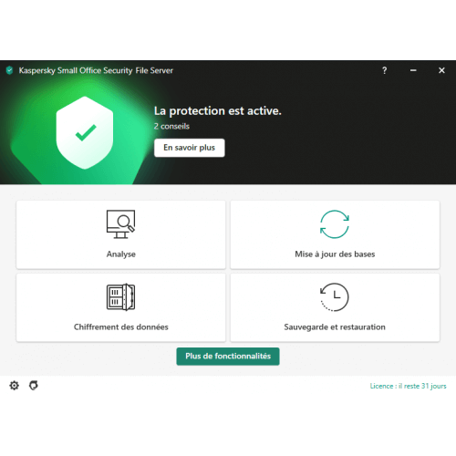 Interface d'accueil Kaspersky Small Office Security 2023
