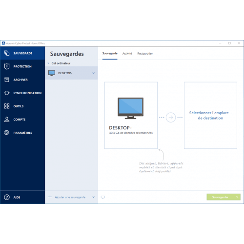 Interface Acronis Cyber Protect Home Office Advanced 2023 - Sauvegarde
