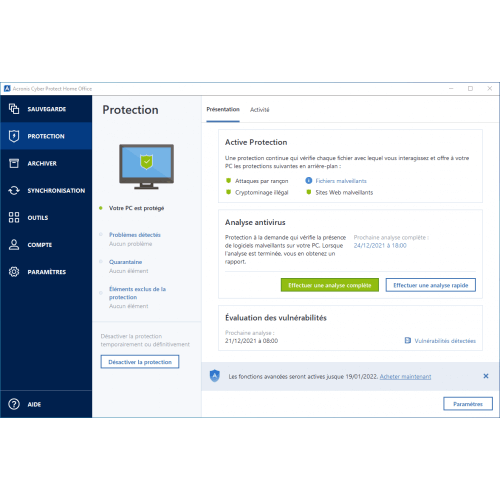 Interface Acronis Cyber Protect Home Office Essentials 2023 - Protection