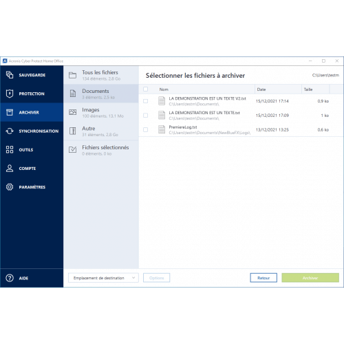 Interface Acronis Cyber Protect Home Office Essentials 2023 - Archives