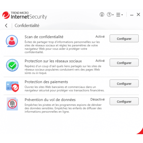 Interface Trend Micro Internet Security 2023 - Confidentialités