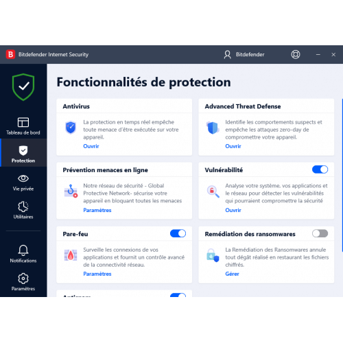 Interface fonctionnalités Bitdefender Internet Security 2024