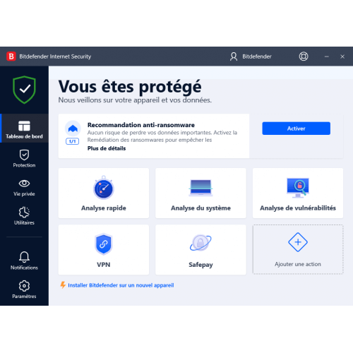 Interface Bitdefender Internet Security 2024 - Mon Logiciel.fr