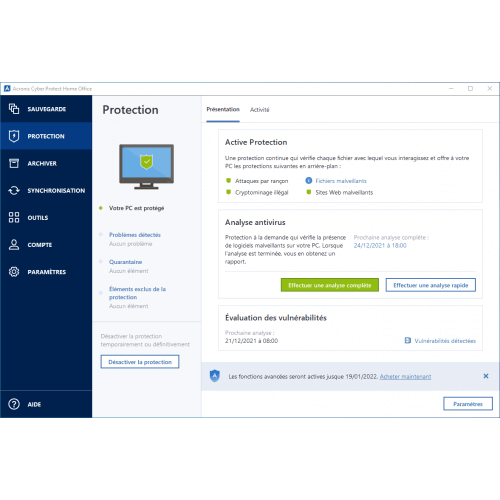Interface Acronis Cyber Protect Home Office Advanced 2023 - Protection