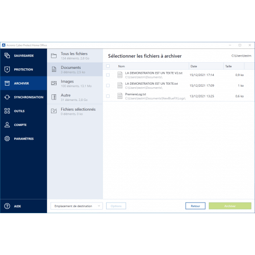 Interface Acronis Cyber Protect Home Office Advanced 2023 - Archives
