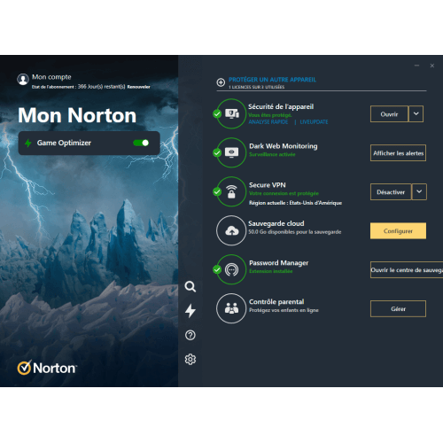 Interface principale - Norton 360 for Gamers 2024