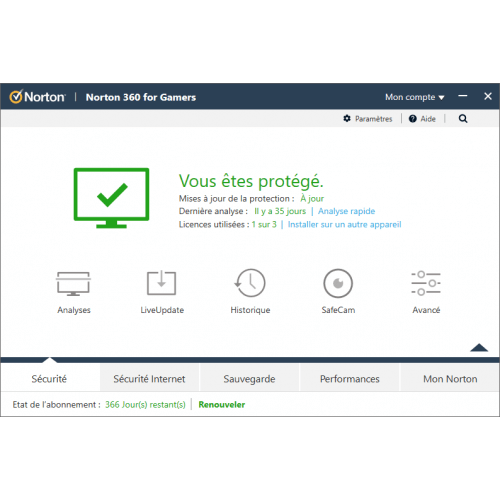 Interface sécurité - Norton 360 for Gamers 2024