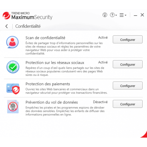Interface Trend Micro Maximum Security 2024 - Confidentialités
