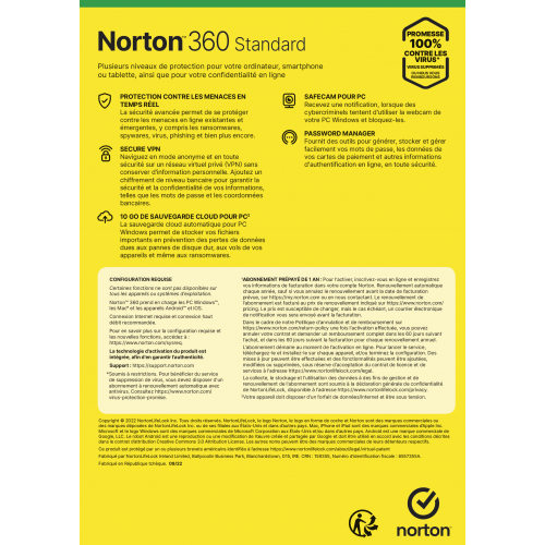 Norton 360 Standard 2024 - Description - Sans suscription